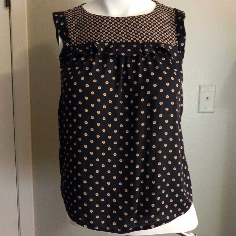 LOFT Petite XXSP Navy Mesh Yoke Blouse Mod Print Sleeveless Office Date Night